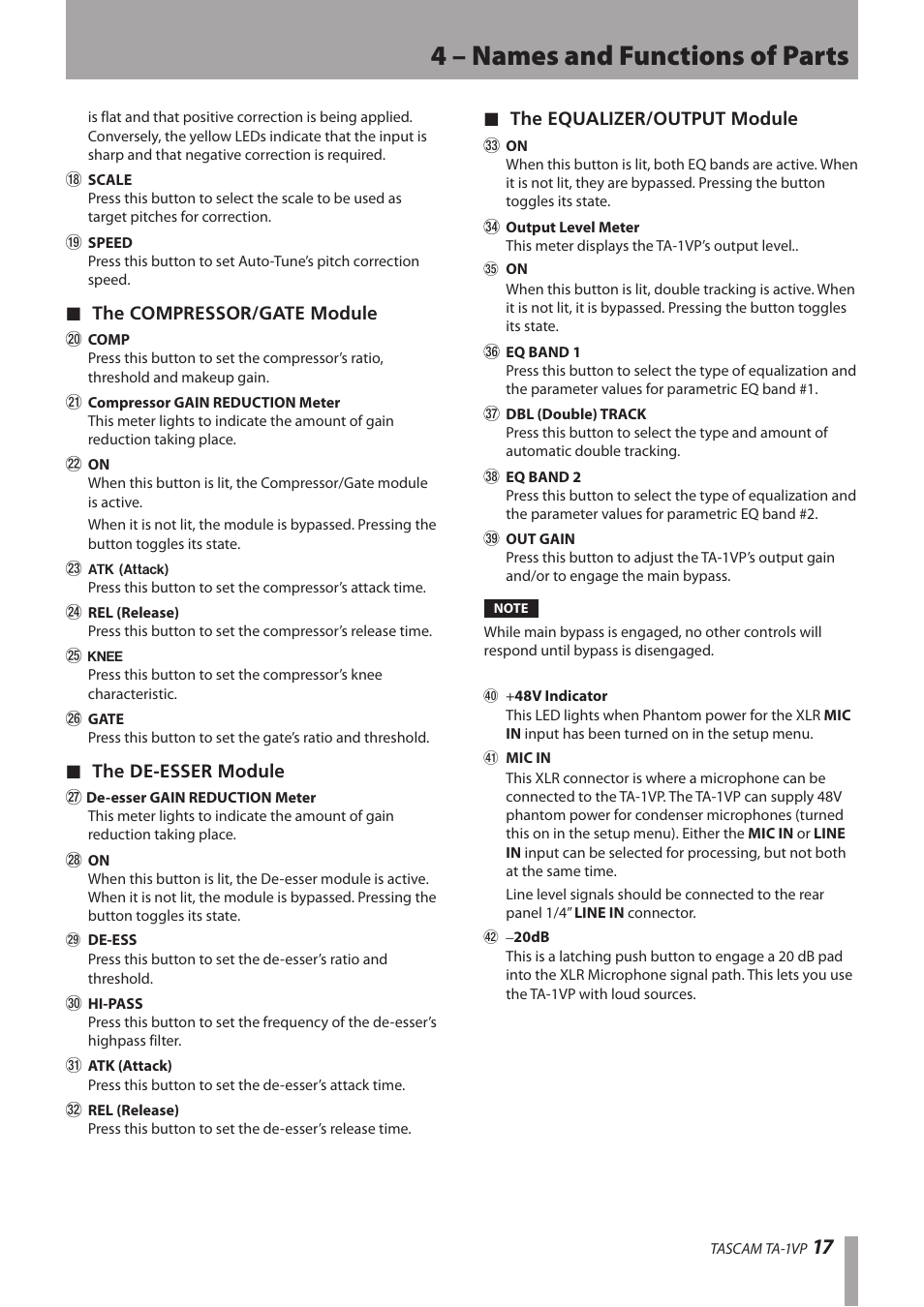 4 – names and functions of parts | Antares TASCAM TA-1VP User Manual | Page 17 / 44