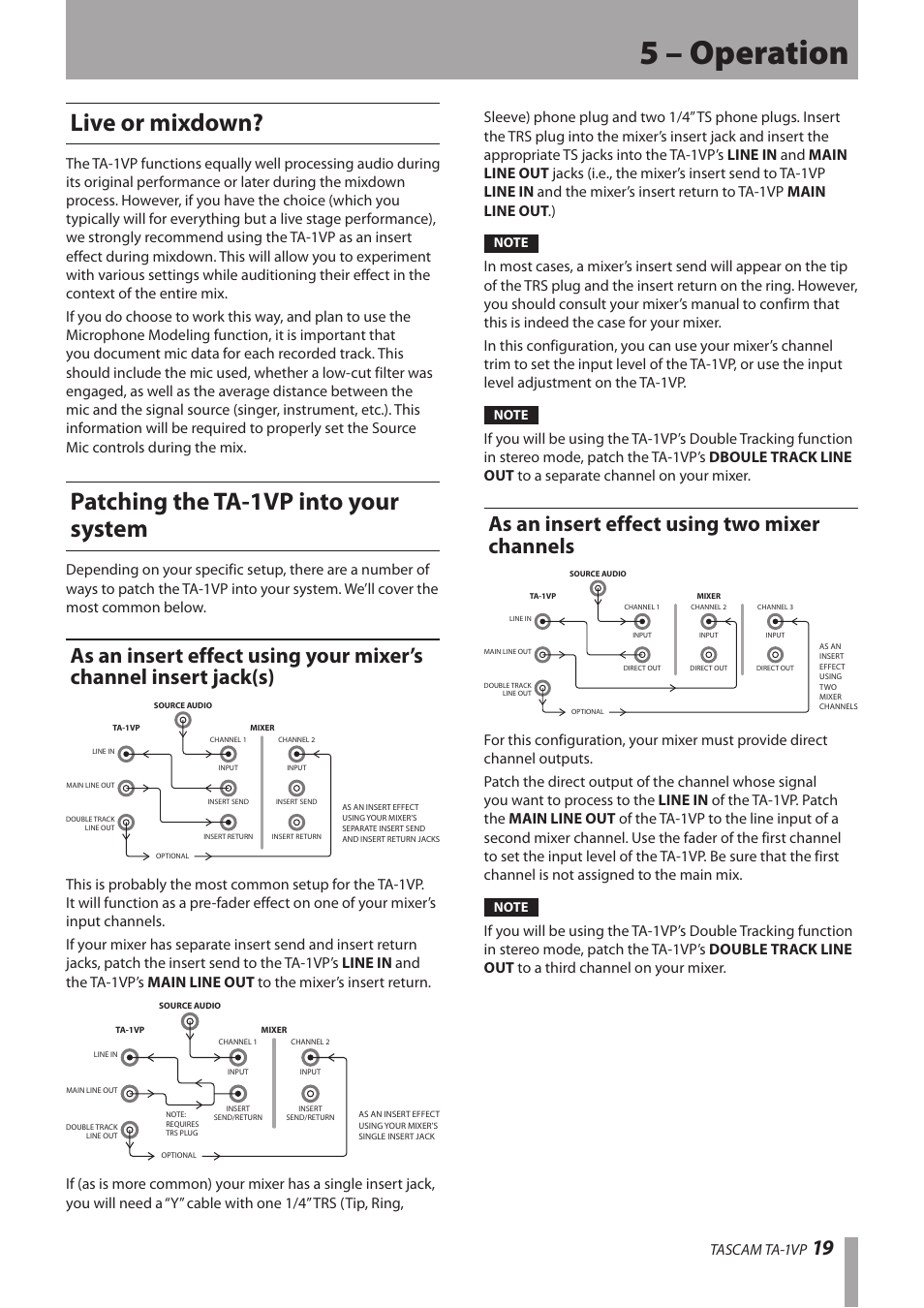 5 – operation, Live or mixdown, Patching the ta-1vp into your system | As an insert effect using two mixer channels, As an insert effect using your mixer’s channel | Antares TASCAM TA-1VP User Manual | Page 19 / 44