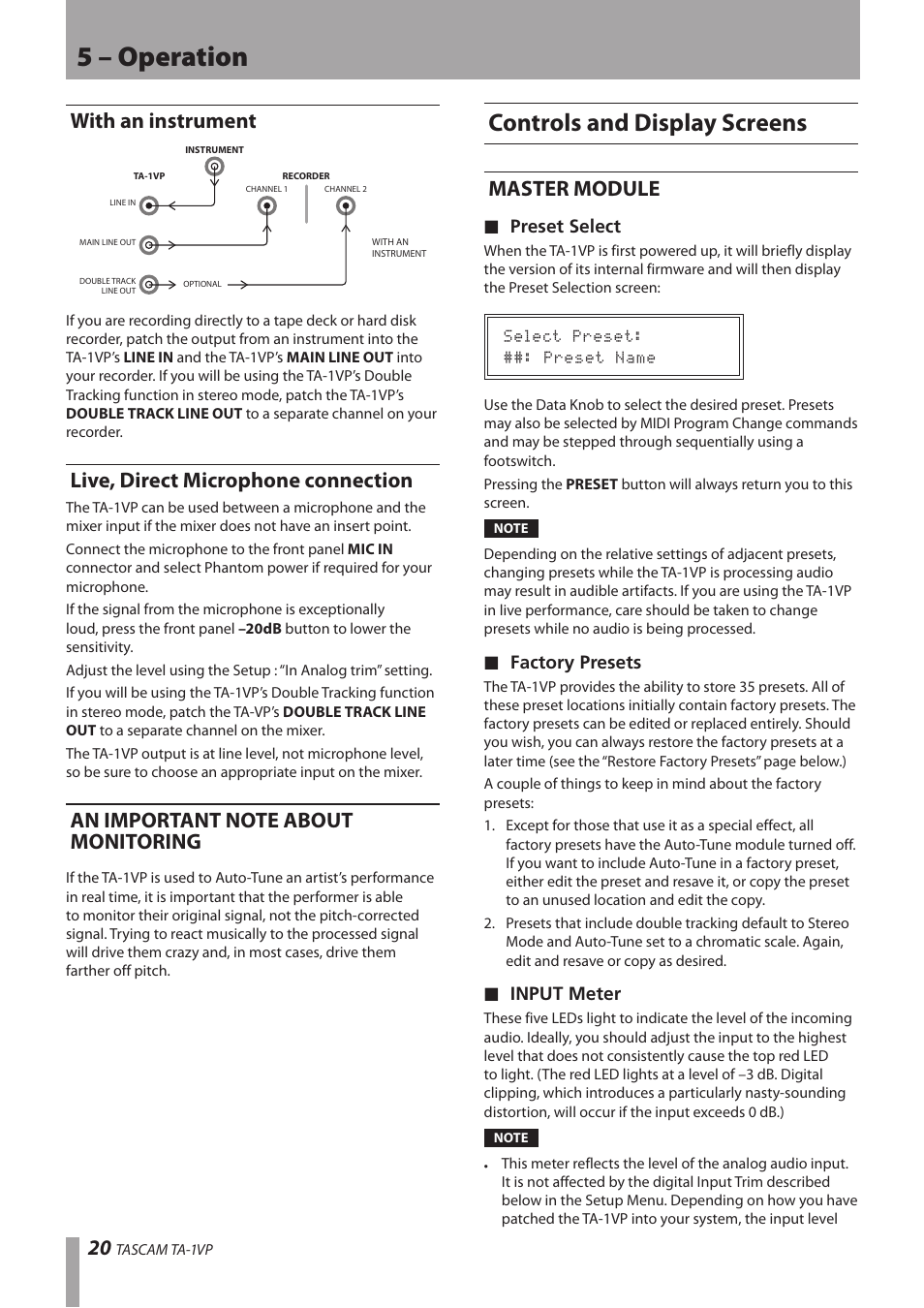 With an instrument, Live, direct microphone connection, An important note about monitoring | Controls and display screens, Master module, 5 – operation | Antares TASCAM TA-1VP User Manual | Page 20 / 44