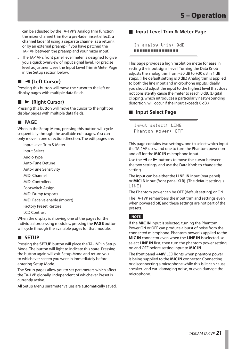 5 – operation | Antares TASCAM TA-1VP User Manual | Page 21 / 44