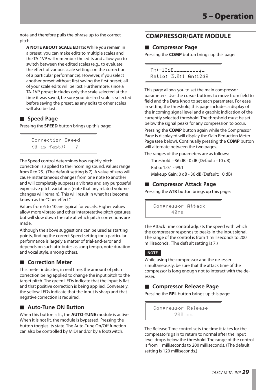 Compressor/gate module, 5 – operation | Antares TASCAM TA-1VP User Manual | Page 29 / 44