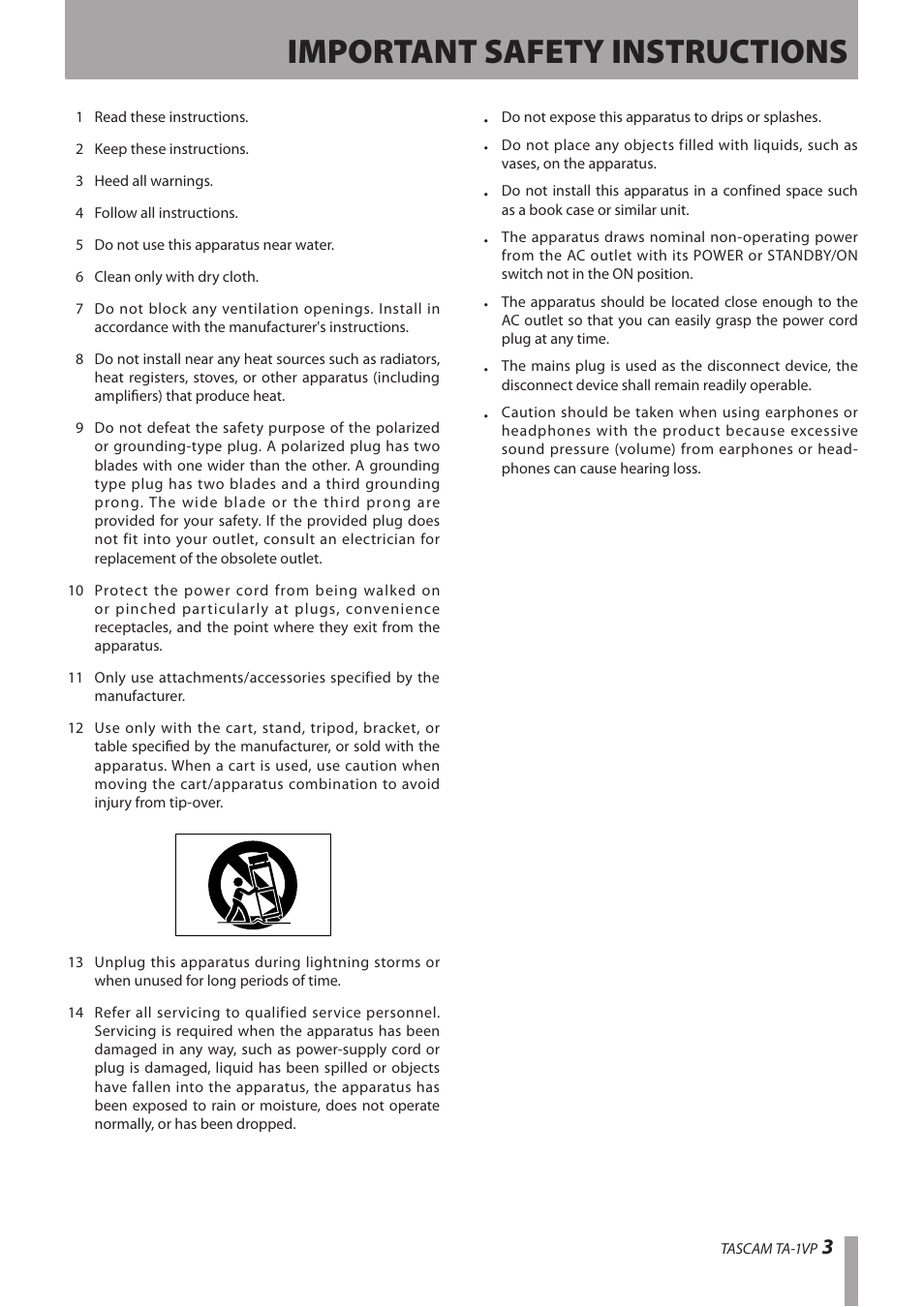 Important safety instructions | Antares TASCAM TA-1VP User Manual | Page 3 / 44