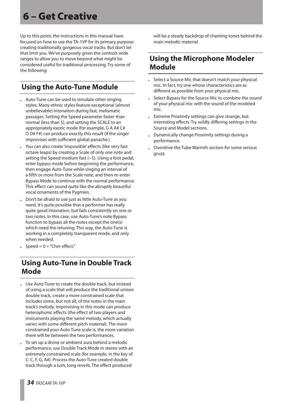 6 – get creative, Using the auto-tune module, Using auto-tune in double track mode | Using the microphone modeler module | Antares TASCAM TA-1VP User Manual | Page 34 / 44