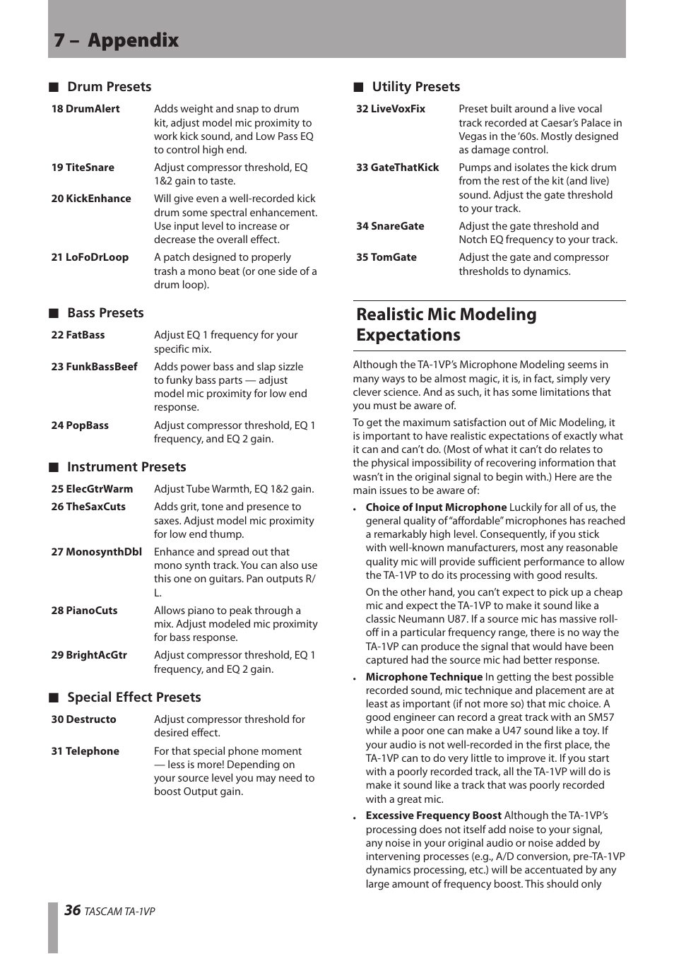 Realistic mic modeling expectations, 7 – appendix | Antares TASCAM TA-1VP User Manual | Page 36 / 44