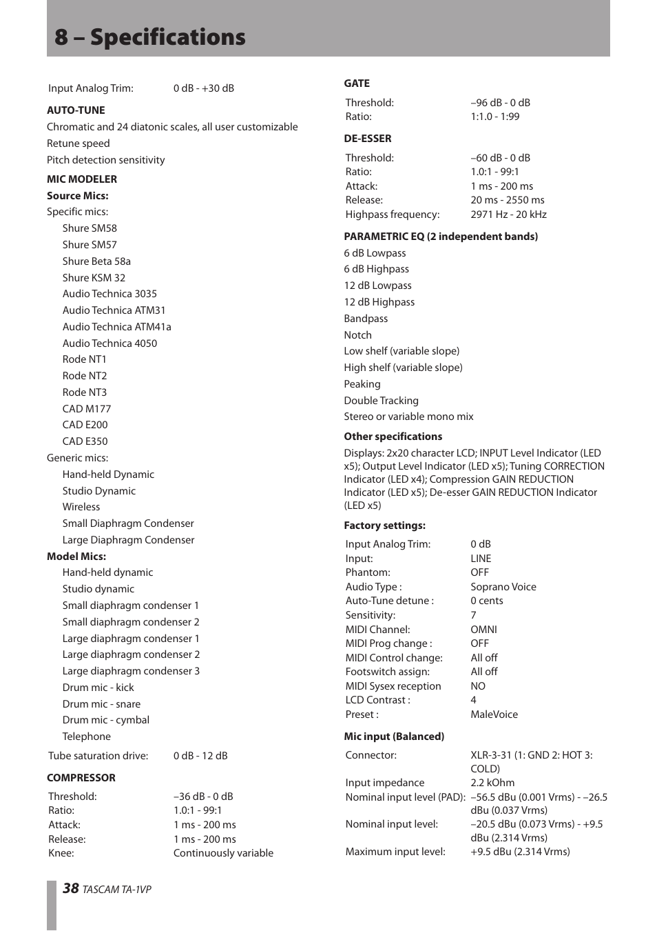8 – specifications | Antares TASCAM TA-1VP User Manual | Page 38 / 44