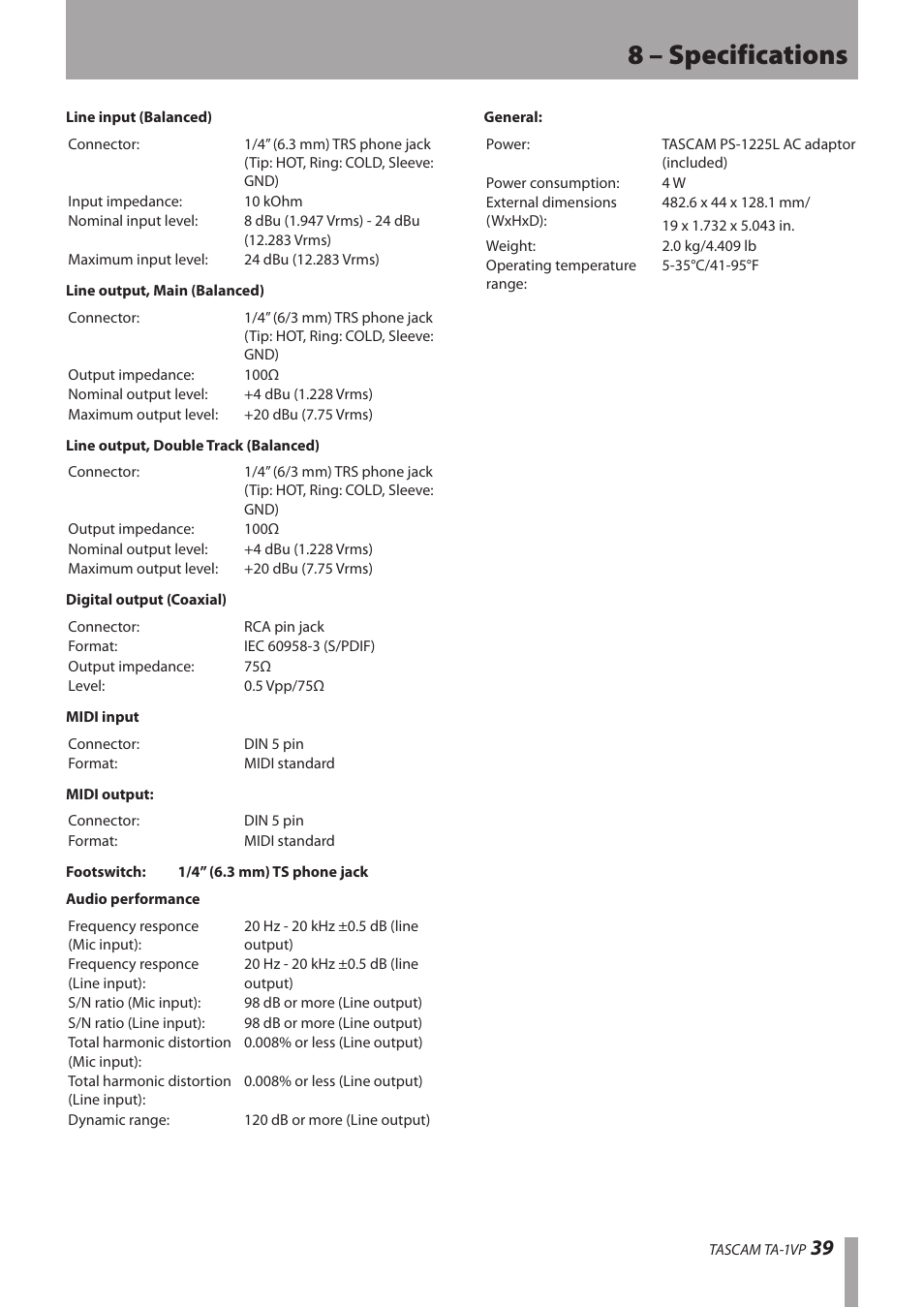 8 – specifications | Antares TASCAM TA-1VP User Manual | Page 39 / 44