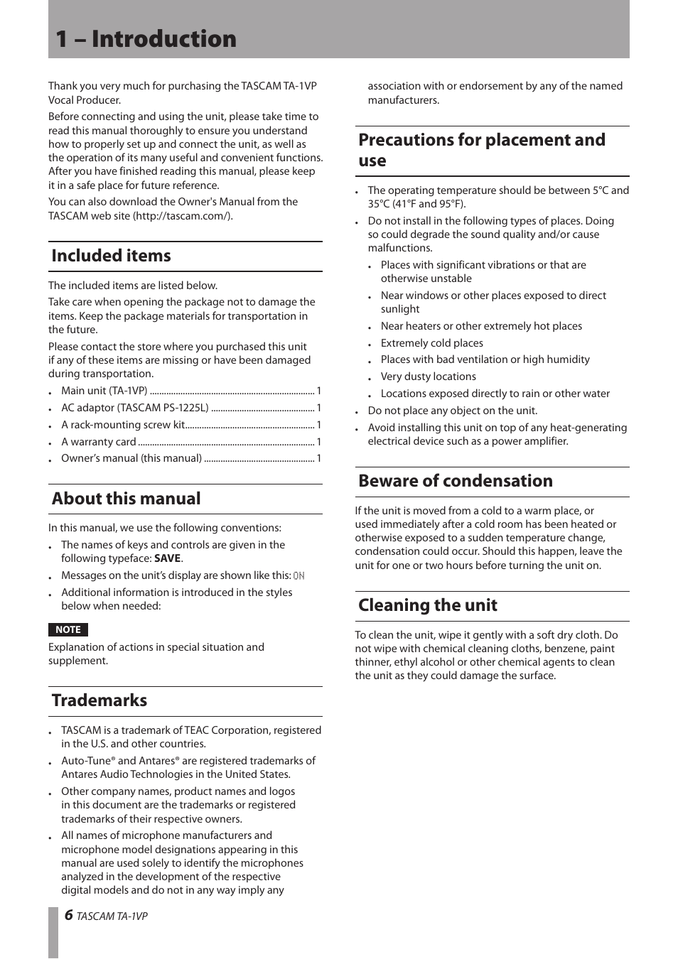 1 – introduction, Included items, About this manual | Trademarks, Precautions for placement and use, Beware of condensation, Cleaning the unit | Antares TASCAM TA-1VP User Manual | Page 6 / 44