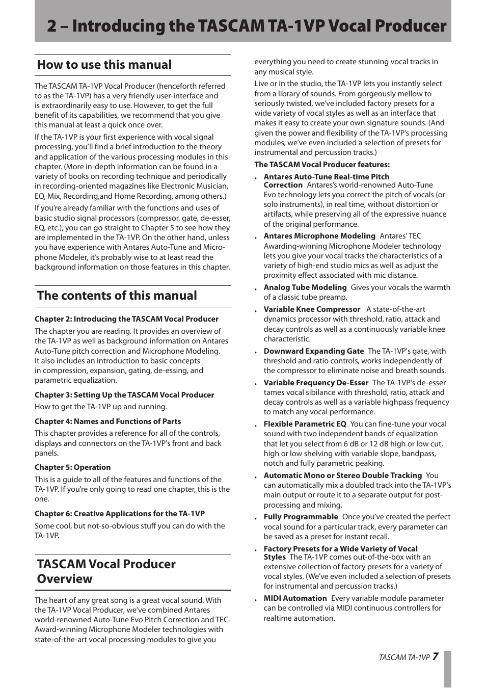 2 – introducing the tascam ta-1vp vocal producer, How to use this manual, The contents of this manual | Tascam vocal producer overview, 2 – introducing the tascam ta-1vp vocal, Producer | Antares TASCAM TA-1VP User Manual | Page 7 / 44