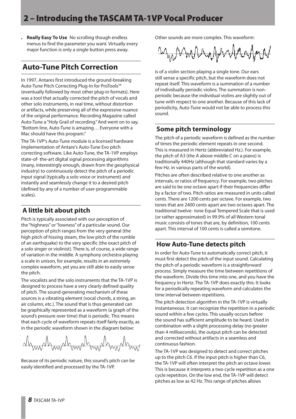 Auto-tune pitch correction, A little bit about pitch, Some pitch terminology | How auto-tune detects pitch, 2 – introducing the tascam ta-1vp vocal producer | Antares TASCAM TA-1VP User Manual | Page 8 / 44