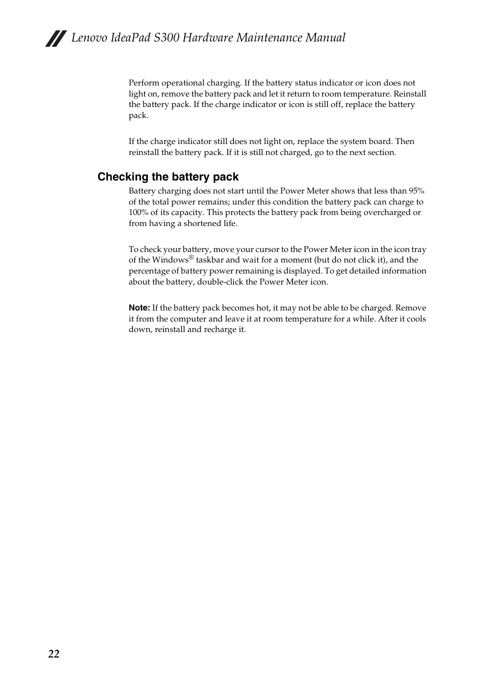 Checking the battery pack, Lenovo ideapad s300 hardware maintenance manual | Lenovo IdeaPad S300 Notebook User Manual | Page 26 / 84