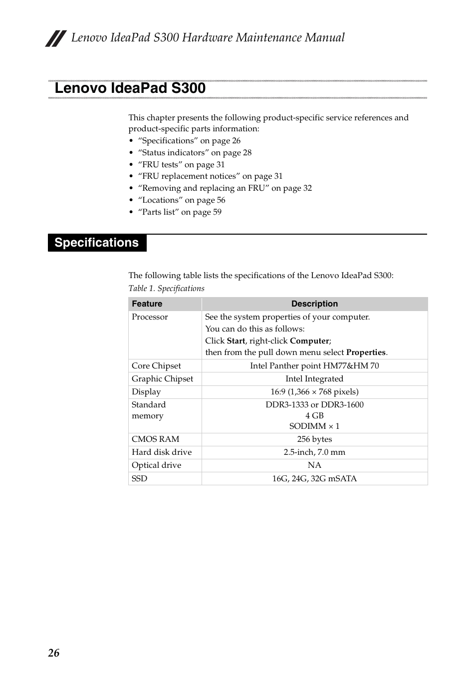 Lenovo ideapad s300, Specifications, Lenovo ideapad s300 specifications | Lenovo ideapad s300 hardware maintenance manual | Lenovo IdeaPad S300 Notebook User Manual | Page 30 / 84