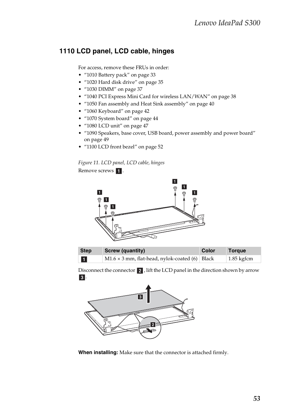 1110 lcd panel, lcd cable, hinges, Lenovo ideapad s300 | Lenovo IdeaPad S300 Notebook User Manual | Page 57 / 84