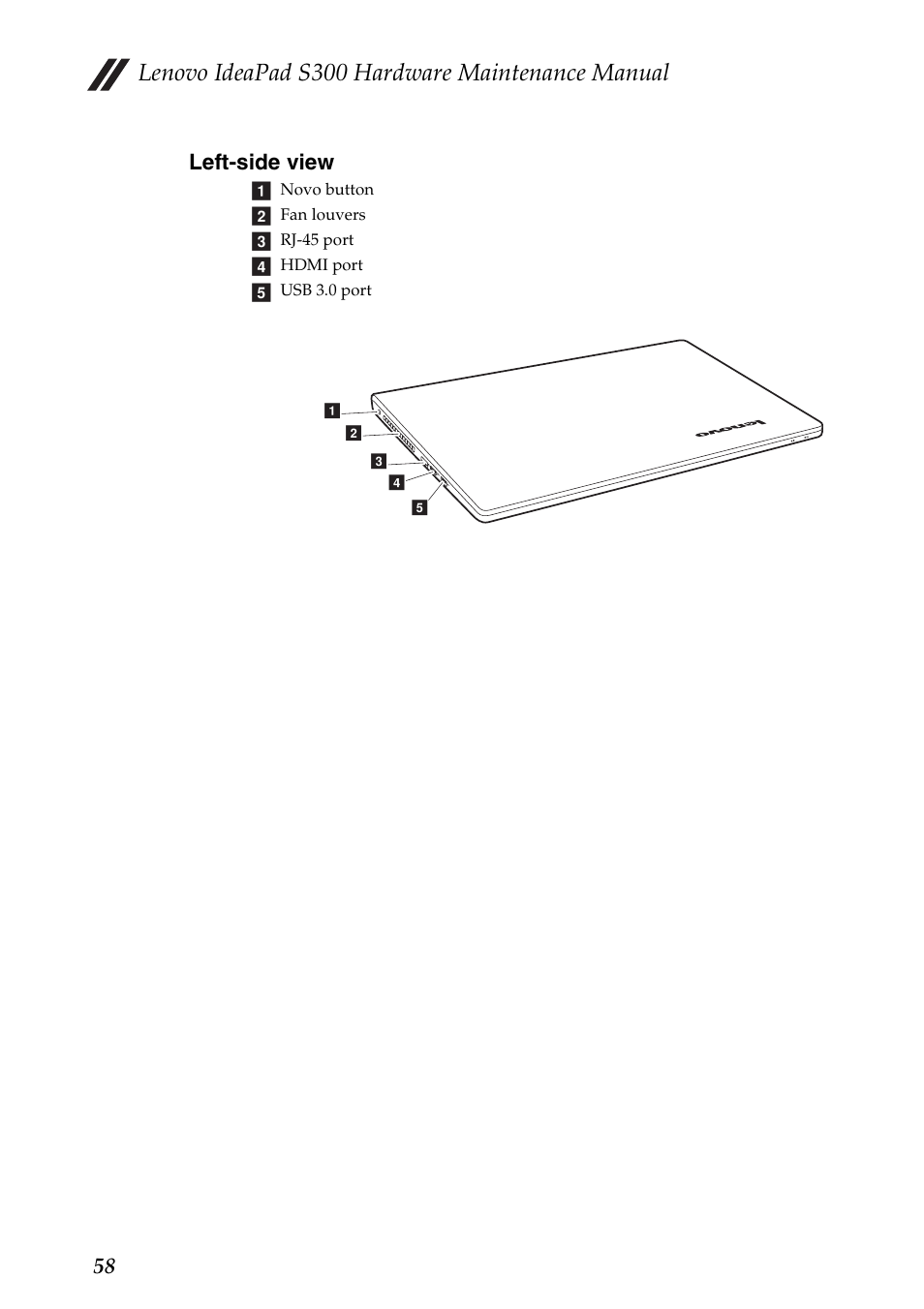 Left-side view, Lenovo ideapad s300 hardware maintenance manual, 58 left-side view | Lenovo IdeaPad S300 Notebook User Manual | Page 62 / 84
