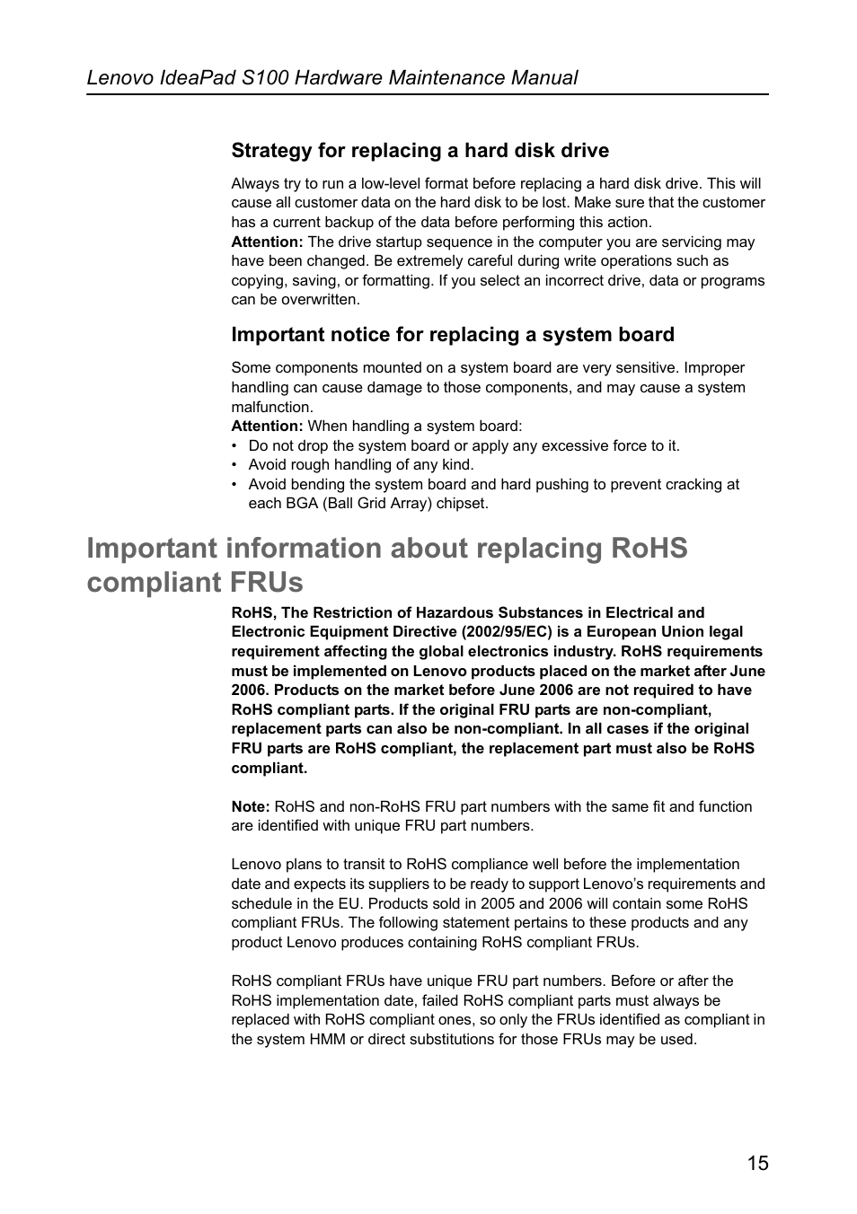 Strategy for replacing a hard disk drive, Important notice for replacing a system board | Lenovo IdeaPad S100 User Manual | Page 19 / 79