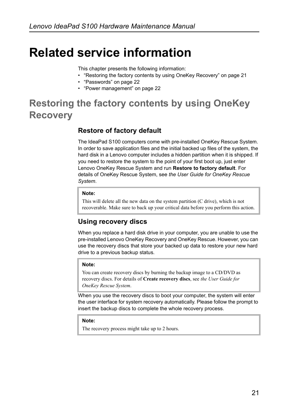 Related service information, Restore of factory default, Using recovery discs | Restore of factory default using recovery discs | Lenovo IdeaPad S100 User Manual | Page 25 / 79