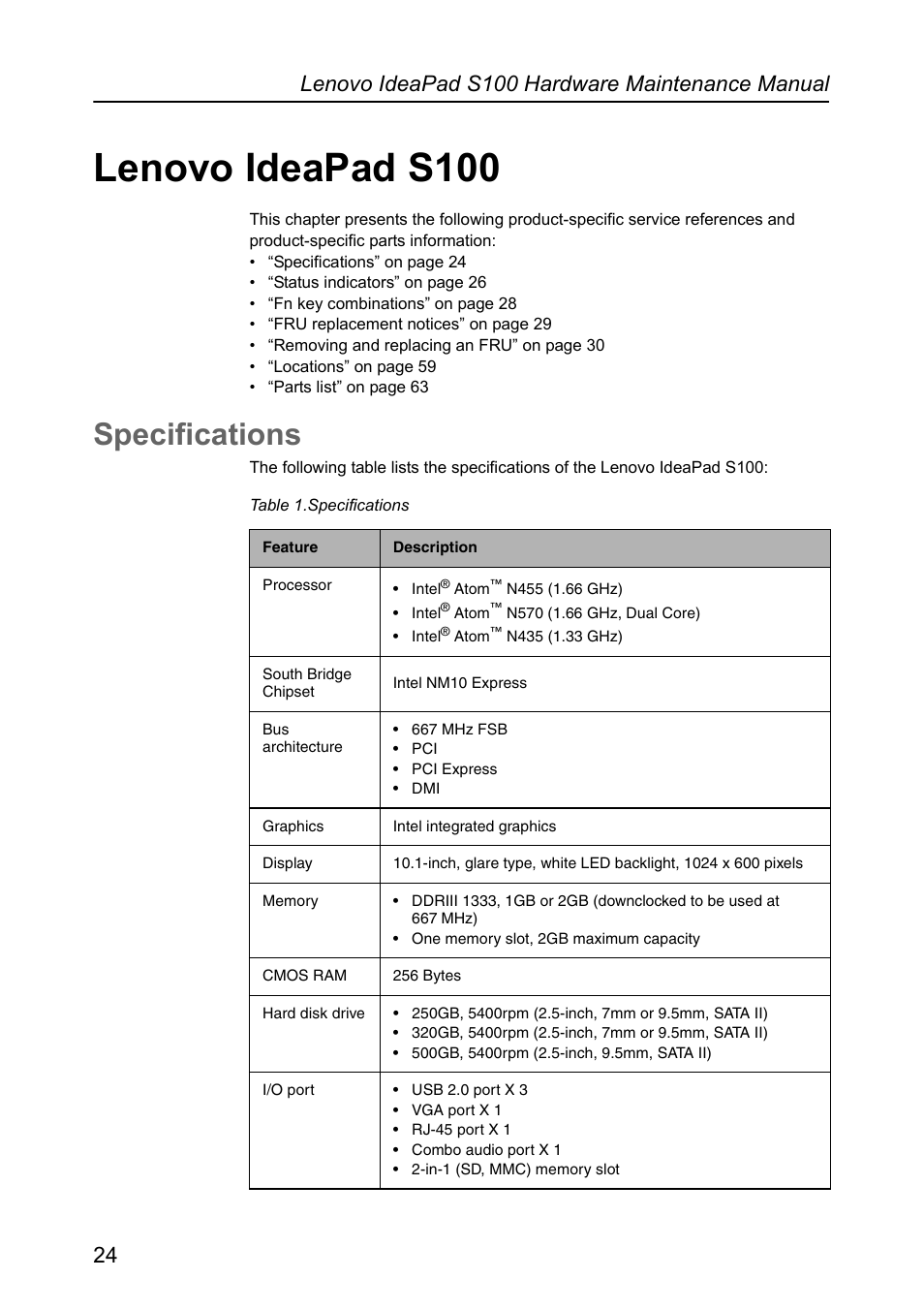 Lenovo ideapad s100, Specifications, Lenovo ideapad s100 specifications | Lenovo IdeaPad S100 User Manual | Page 28 / 79