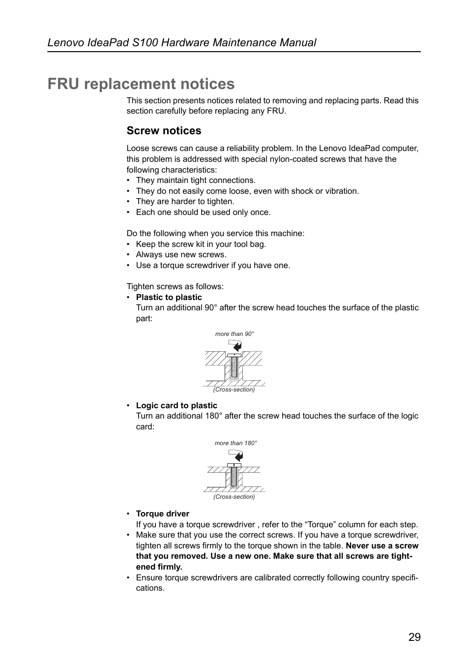 Fru replacement notices, Screw notices | Lenovo IdeaPad S100 User Manual | Page 33 / 79