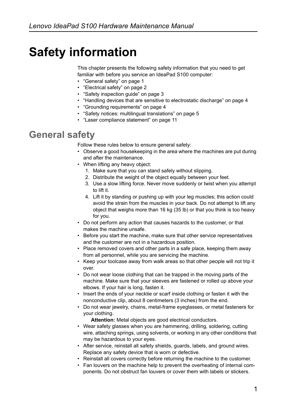 Safety information, General safety, Safety information general safety | Lenovo ideapad s100 hardware maintenance manual 1 | Lenovo IdeaPad S100 User Manual | Page 5 / 79