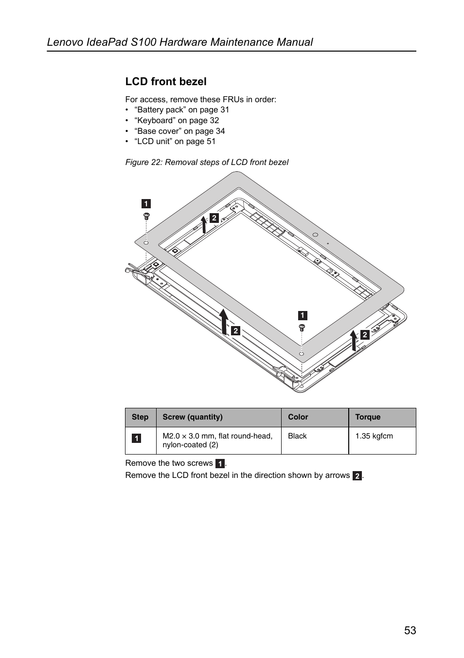 Lcd front bezel | Lenovo IdeaPad S100 User Manual | Page 57 / 79