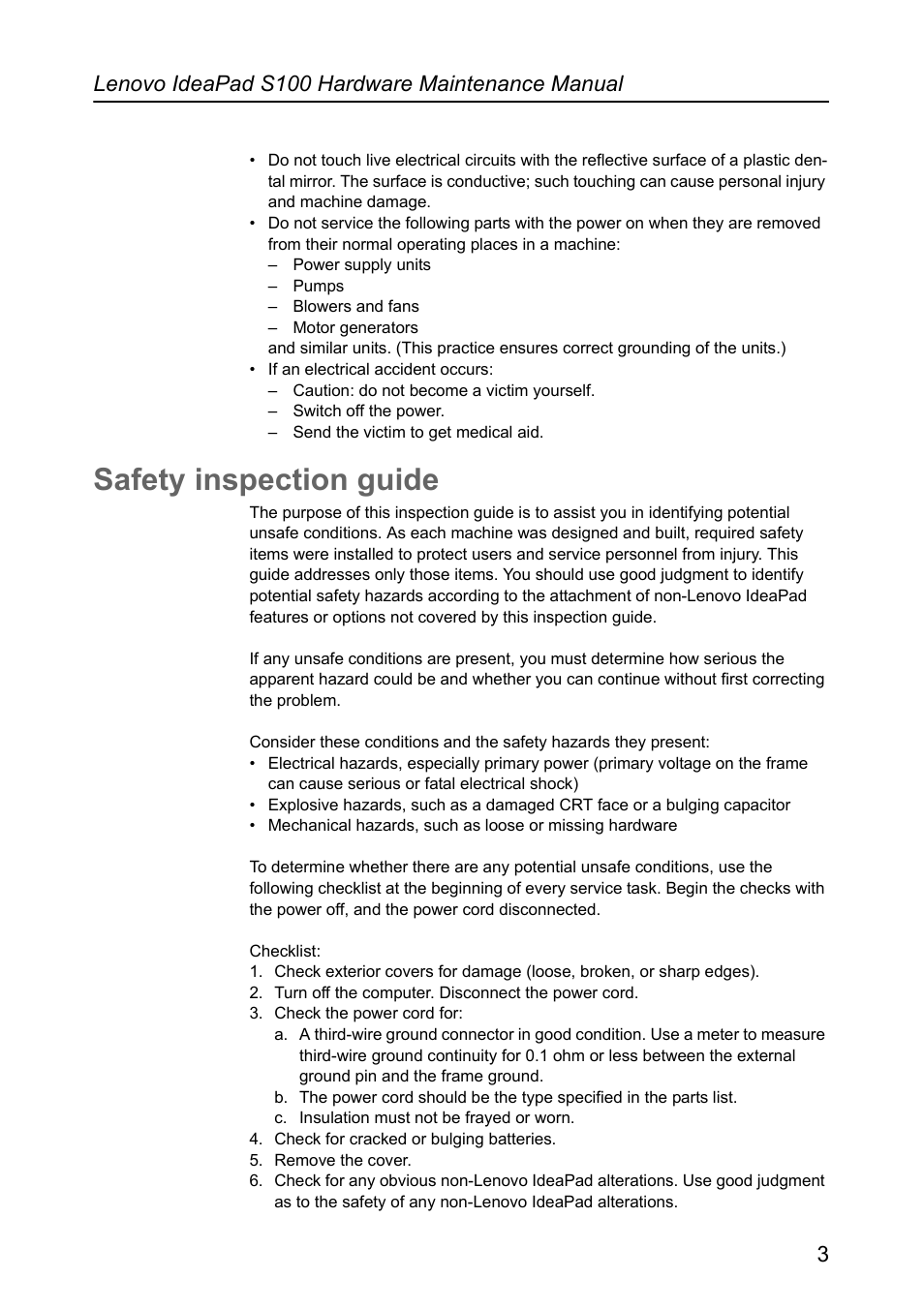 Safety inspection guide, Lenovo ideapad s100 hardware maintenance manual 3 | Lenovo IdeaPad S100 User Manual | Page 7 / 79