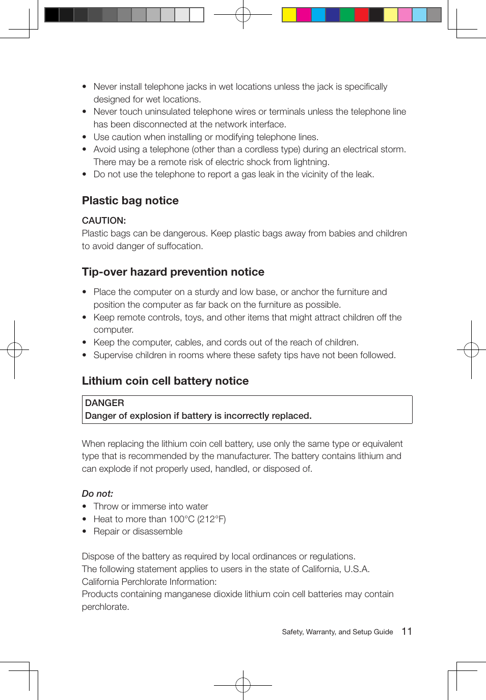 Plastic bag notice, Tip-over hazard prevention notice, Lithium coin cell battery notice | Lenovo S710 All-in-One User Manual | Page 12 / 24
