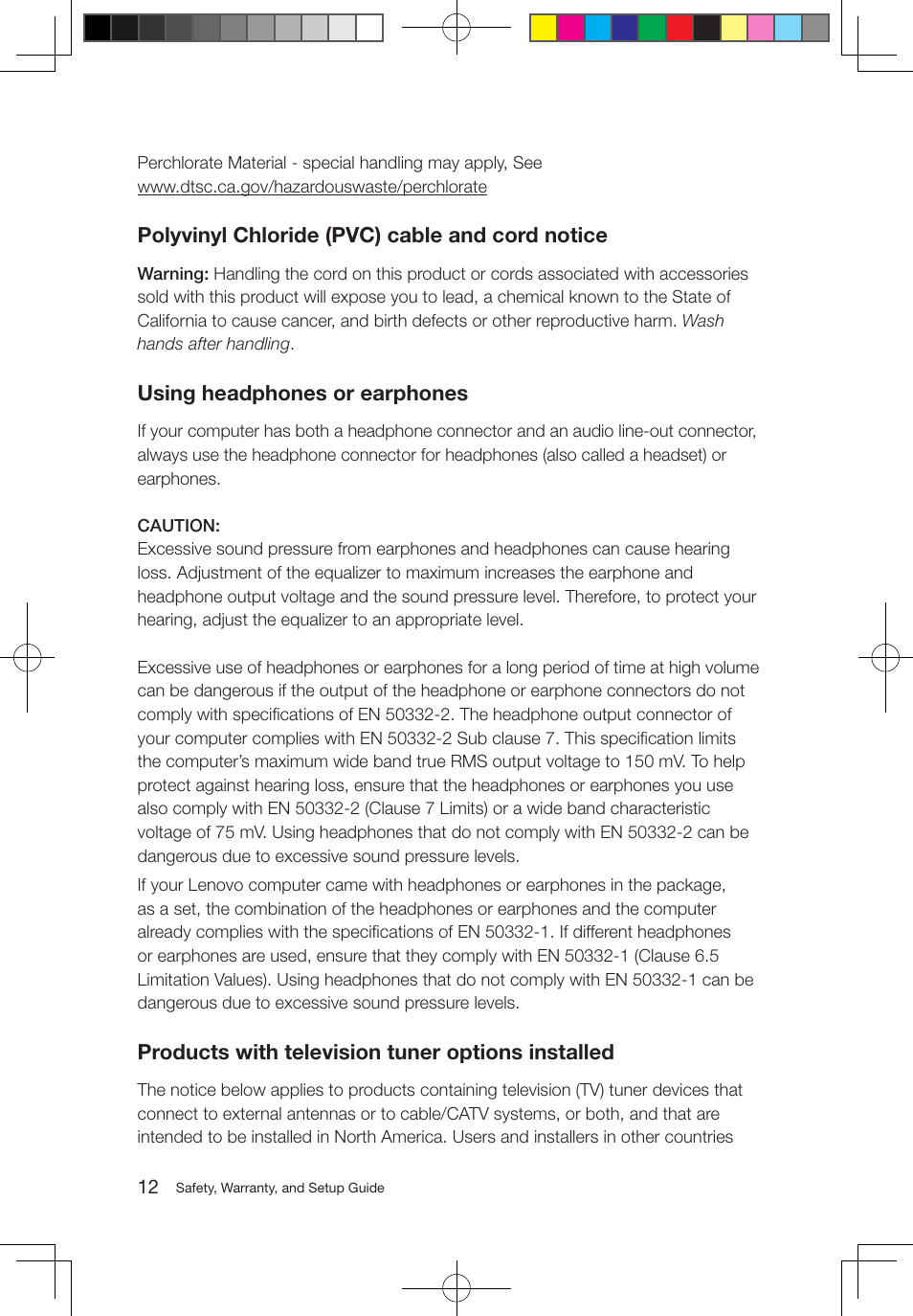 Polyvinyl chloride (pvc) cable and cord notice, Using headphones or earphones, Products with television tuner options installed | Lenovo S710 All-in-One User Manual | Page 13 / 24