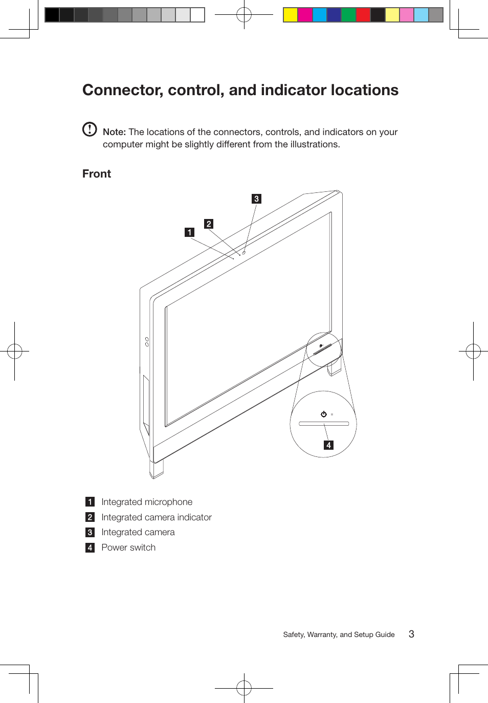 Connector, control, and indicator locations, Front | Lenovo S710 All-in-One User Manual | Page 4 / 24