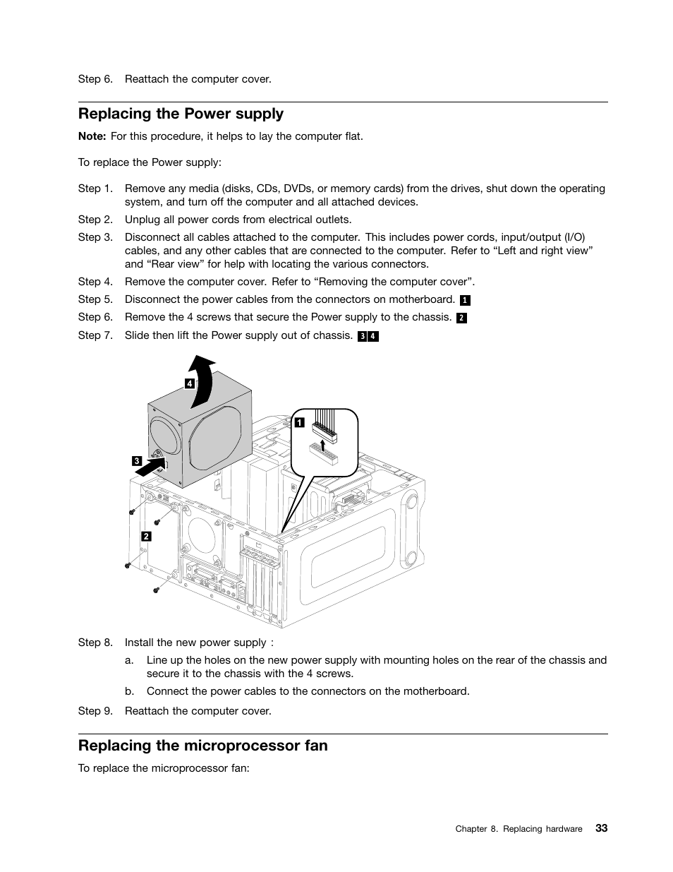 Replacing the power supply, Replacing the microprocessor fan | Lenovo IdeaCentre K450 Desktop User Manual | Page 39 / 47