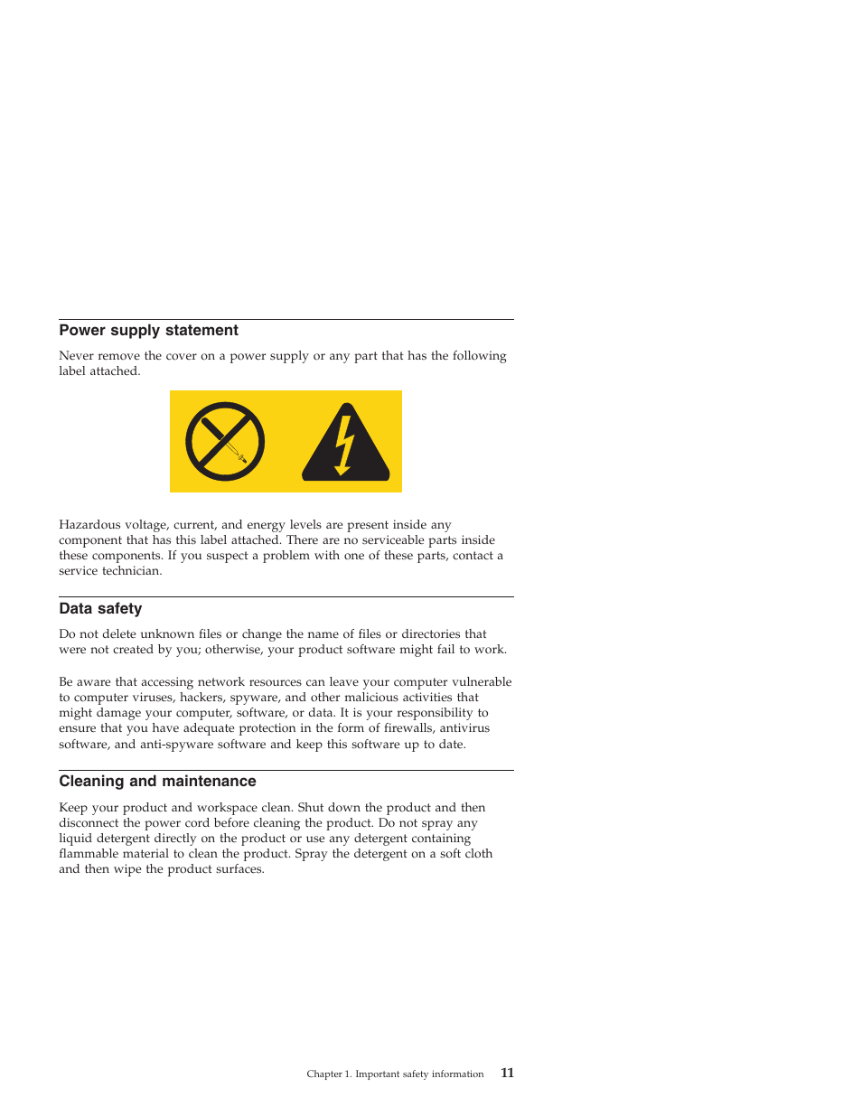 Power supply statement, Data safety, Cleaning and maintenance | Power, Supply, Statement, Data, Safety, Cleaning, Maintenance | Lenovo Secure Managed Client User Manual | Page 17 / 40