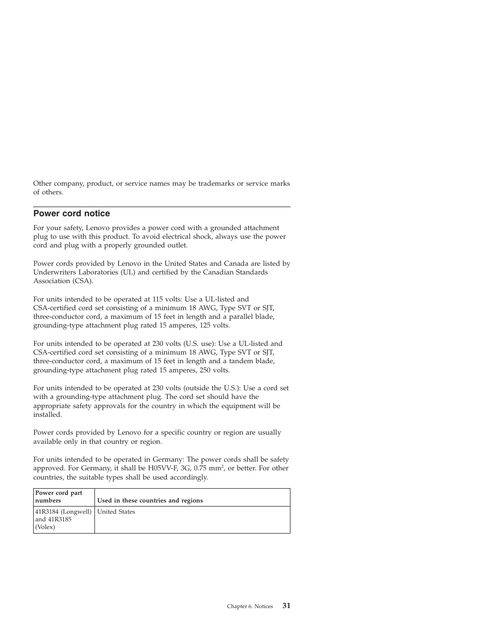 Power cord notice, Power, Cord | Notice | Lenovo Secure Managed Client User Manual | Page 37 / 40
