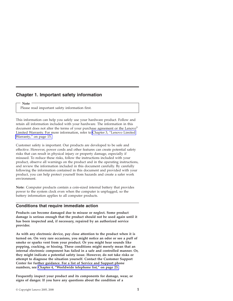 Chapter 1. important safety information, Conditions that require immediate action, Chapter | Important, Safety, Information, Conditions, That, Require, Immediate | Lenovo Secure Managed Client User Manual | Page 7 / 40