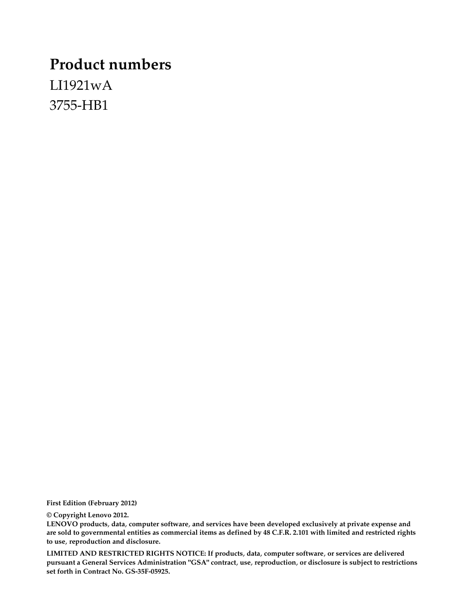 Product numbers | Lenovo LI1921 Wide Flat Panel Monitor User Manual | Page 2 / 29