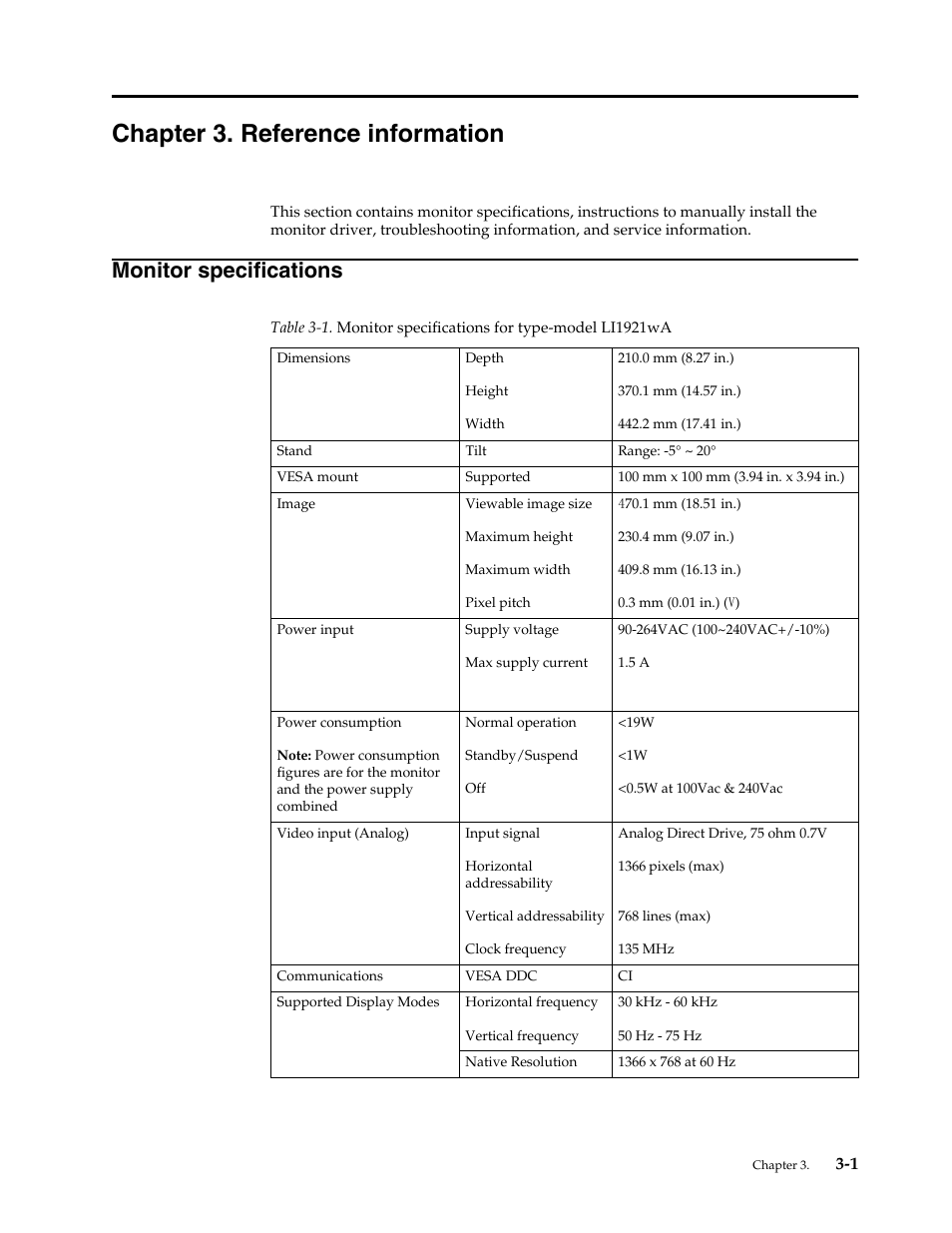 Chapter 3. reference information, Monitor specifications, Chapter 3 | Refe, Monitor specifications -1 | Lenovo LI1921 Wide Flat Panel Monitor User Manual | Page 20 / 29