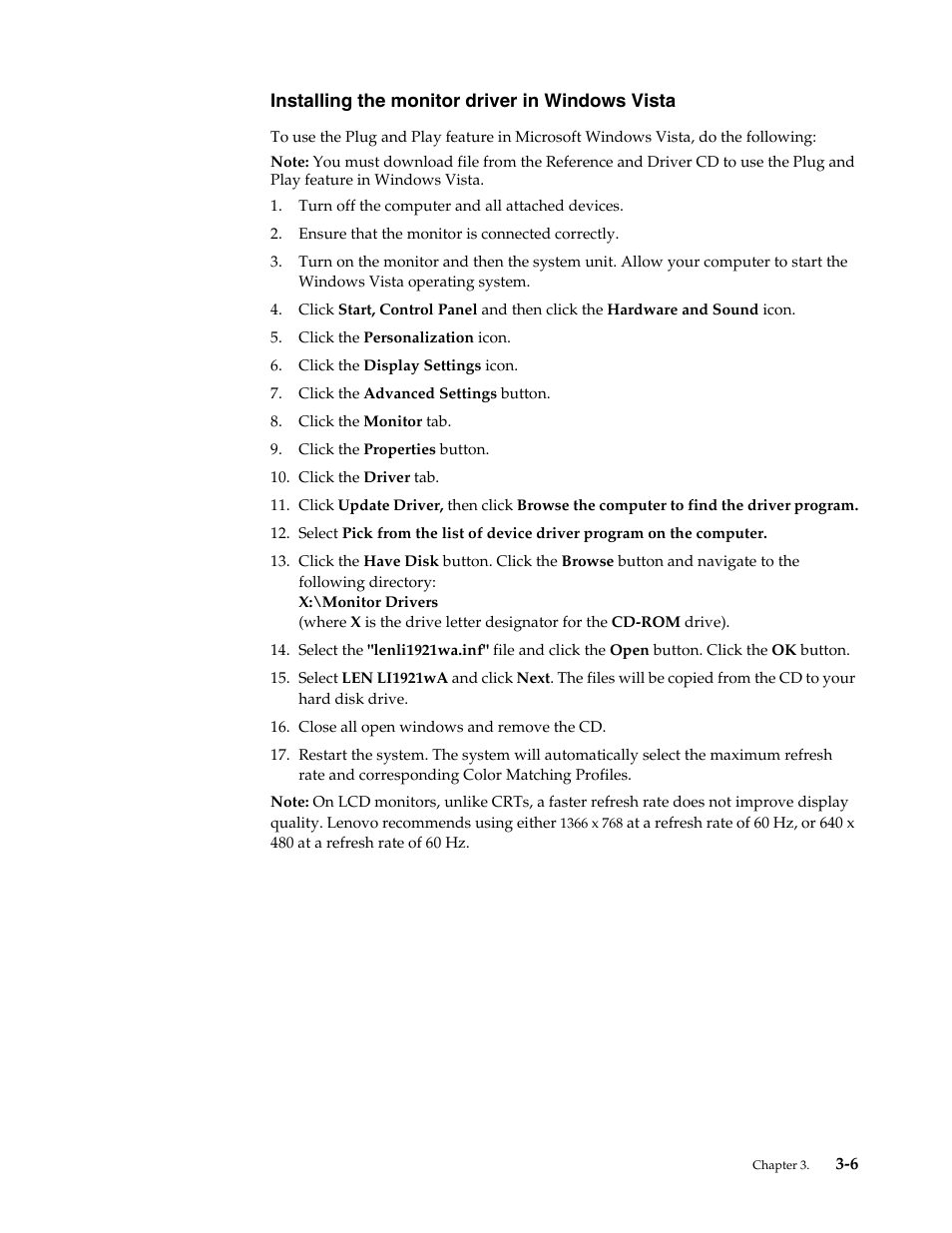 Installing the monitor driver in windows vista, Installing the monitor driver in windows vista -6 | Lenovo LI1921 Wide Flat Panel Monitor User Manual | Page 25 / 29