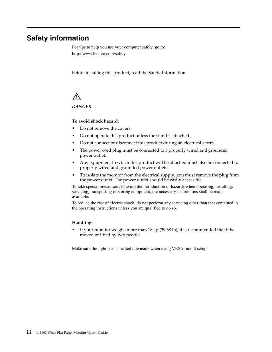 Safety information | Lenovo LI1921 Wide Flat Panel Monitor User Manual | Page 4 / 29