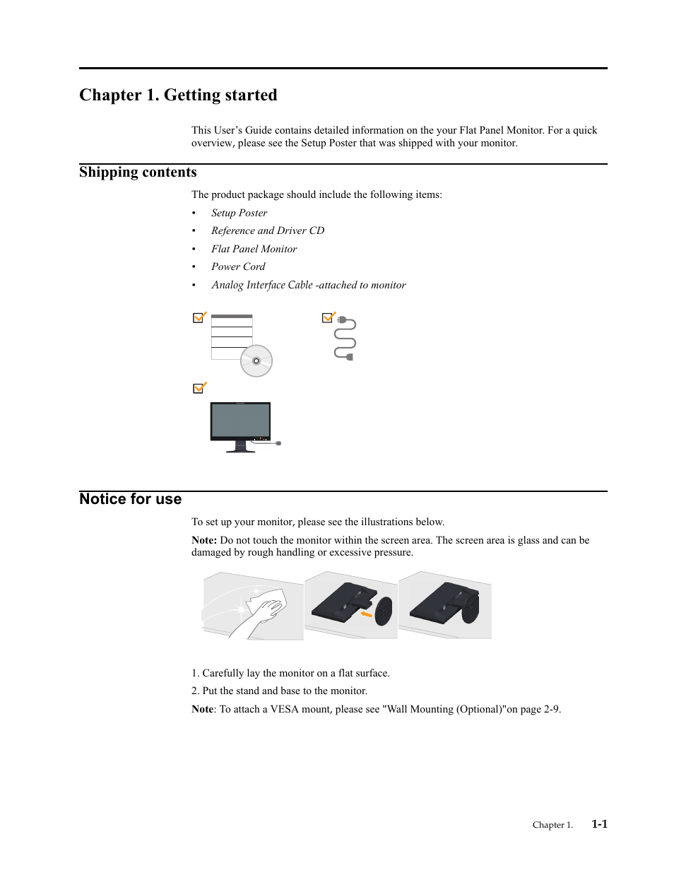 Chapter 1. getting started, Shipping contents, Notice for use | Chapter 1. getting, Shipping contents -1, Notice for use -1 | Lenovo LI1921 Wide Flat Panel Monitor User Manual | Page 5 / 29