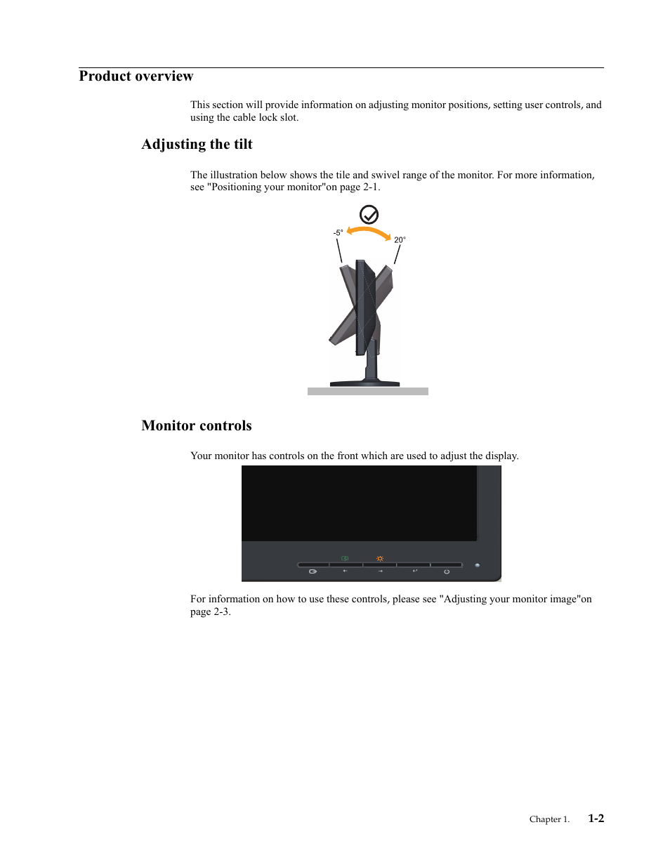 Product overview, Adjusting the tilt, Monitor controls | Product overview -2, Adjusting the tilt -2, Monitor controls -2 | Lenovo LI1921 Wide Flat Panel Monitor User Manual | Page 6 / 29