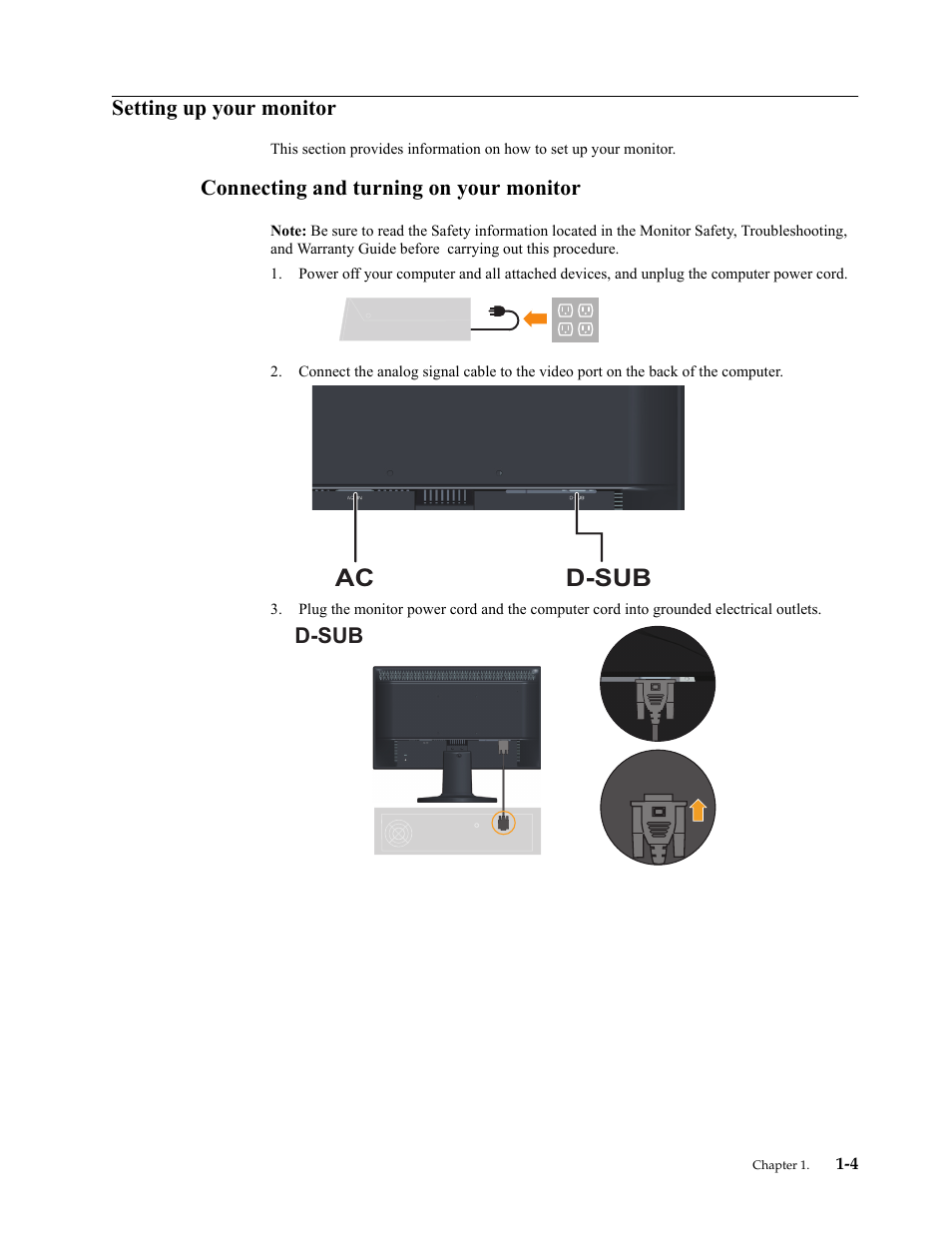 Setting up your monitor, Connecting and turning on your monitor, Setting up your monitor -4 | Connecting and turning on your monitor -4, D-sub ac, D-sub | Lenovo LI1921 Wide Flat Panel Monitor User Manual | Page 8 / 29