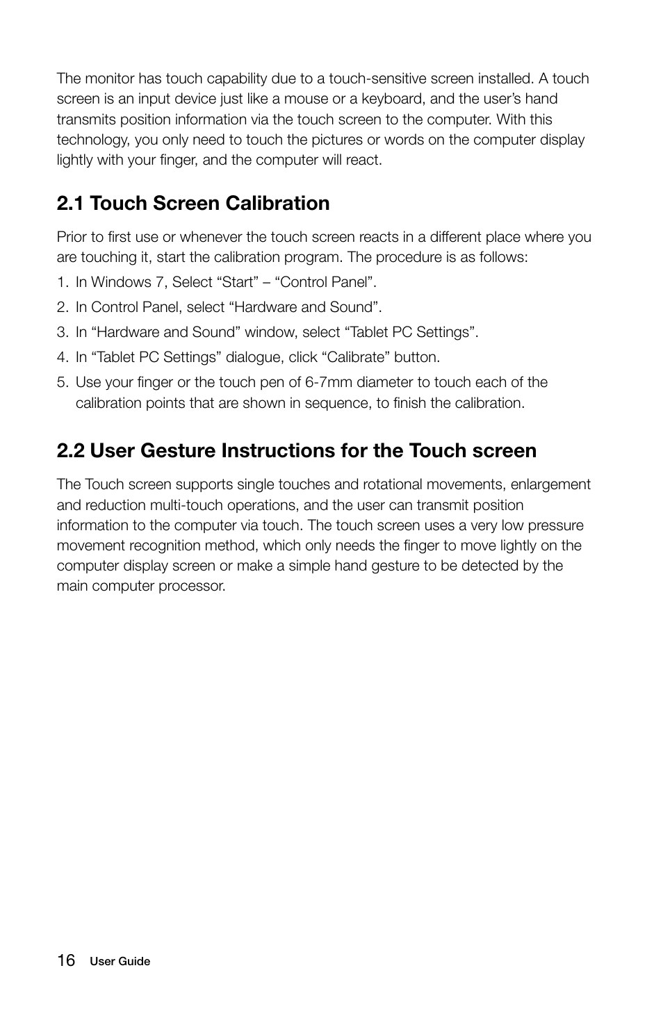 1 touch screen calibration, 2 user gesture instructions for the touch screen | Lenovo IdeaCentre B305 User Manual | Page 21 / 51