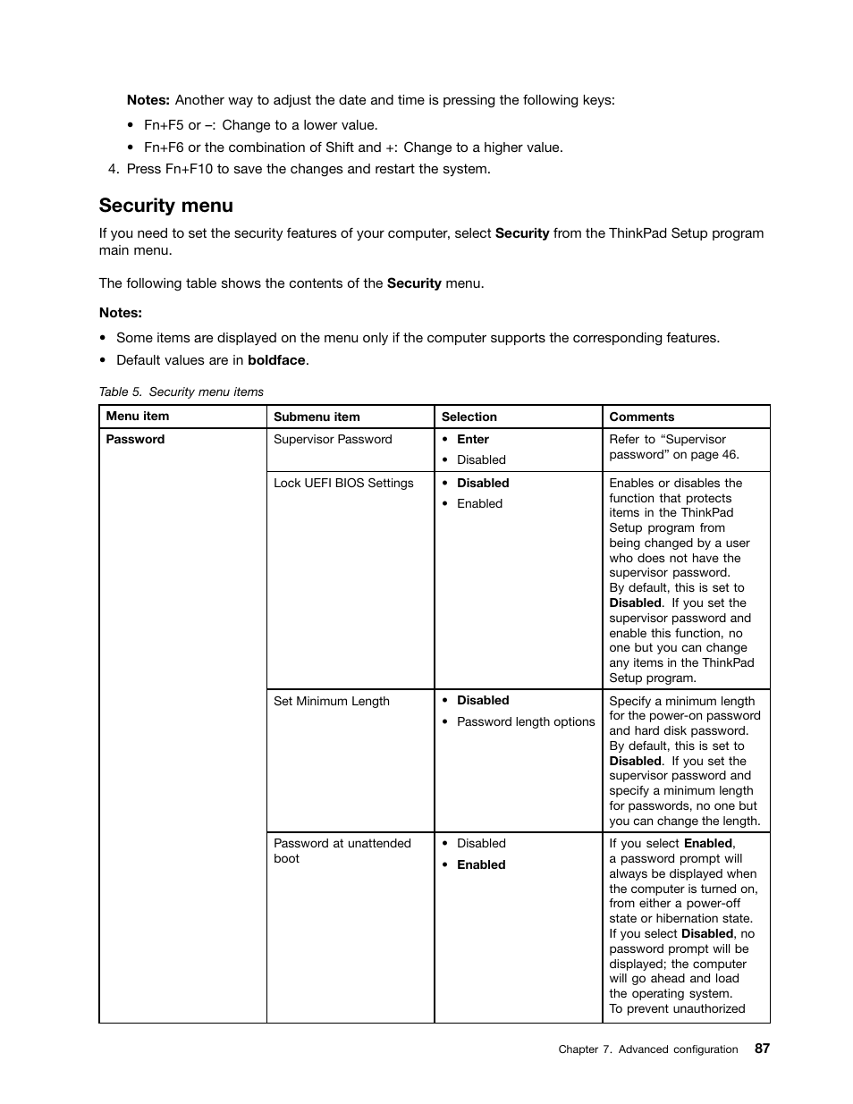 Security menu | Lenovo ThinkPad Edge E145 User Manual | Page 103 / 158