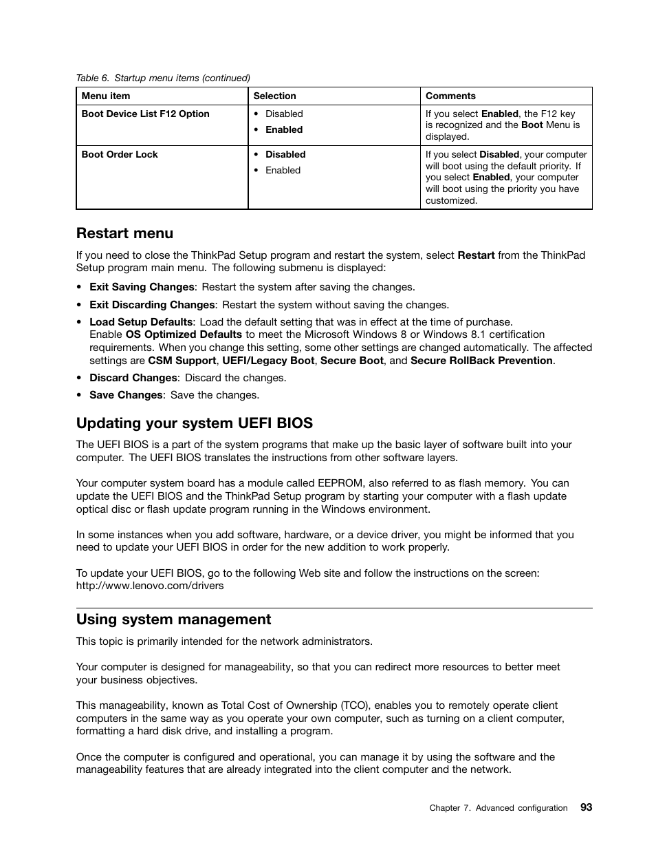 Restart menu, Updating your system uefi bios, Using system management | Lenovo ThinkPad Edge E145 User Manual | Page 109 / 158