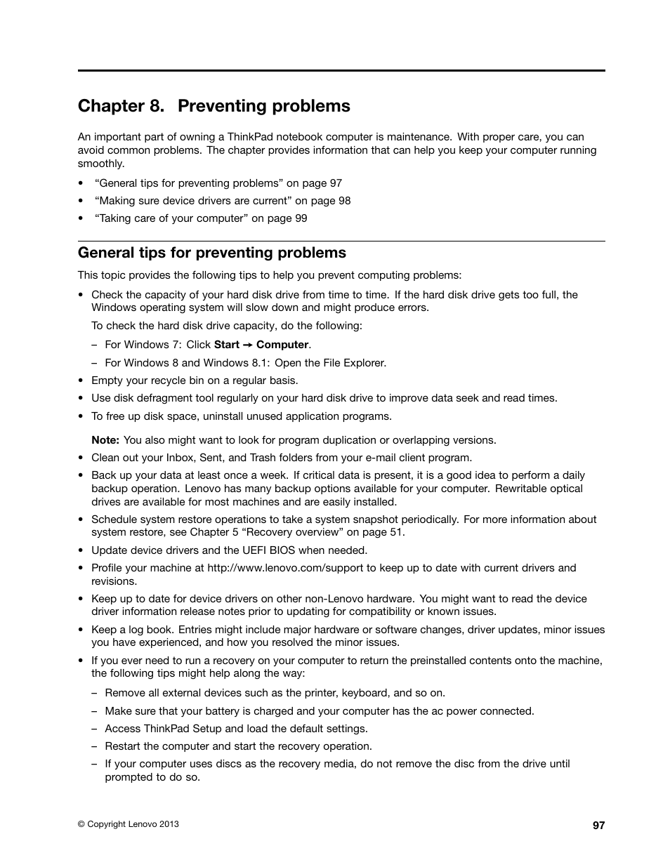 Chapter 8. preventing problems, General tips for preventing problems | Lenovo ThinkPad Edge E145 User Manual | Page 113 / 158