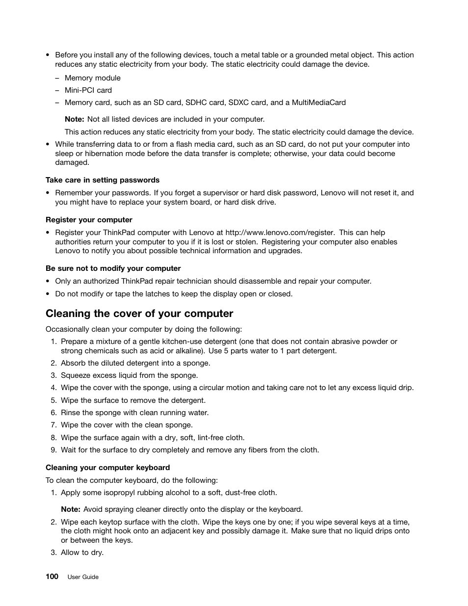 Cleaning the cover of your computer | Lenovo ThinkPad Edge E145 User Manual | Page 116 / 158