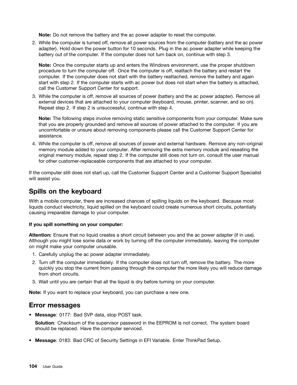 Spills on the keyboard, Error messages | Lenovo ThinkPad Edge E145 User Manual | Page 120 / 158