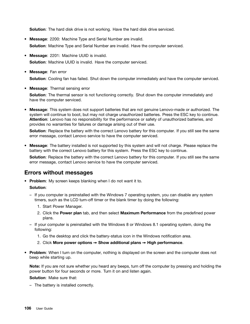 Errors without messages | Lenovo ThinkPad Edge E145 User Manual | Page 122 / 158