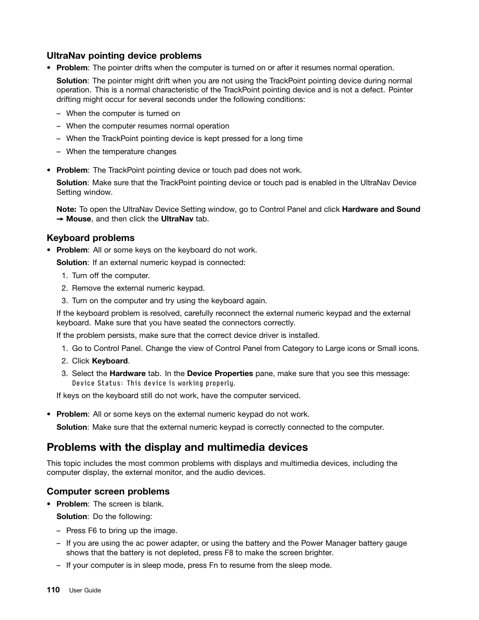 Problems with the display and multimedia devices | Lenovo ThinkPad Edge E145 User Manual | Page 126 / 158