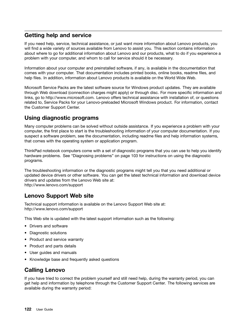 Getting help and service, Using diagnostic programs, Lenovo support web site | Calling lenovo | Lenovo ThinkPad Edge E145 User Manual | Page 138 / 158
