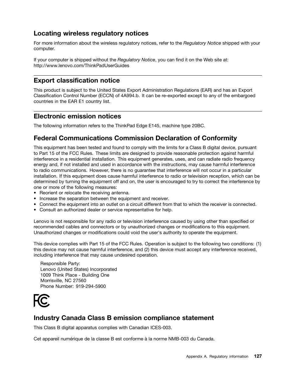 Locating wireless regulatory notices, Export classification notice, Electronic emission notices | Lenovo ThinkPad Edge E145 User Manual | Page 143 / 158