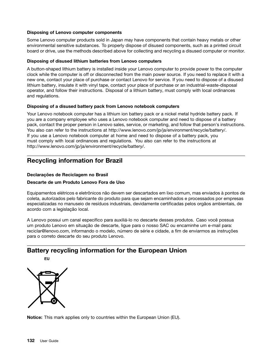 Recycling information for brazil | Lenovo ThinkPad Edge E145 User Manual | Page 148 / 158