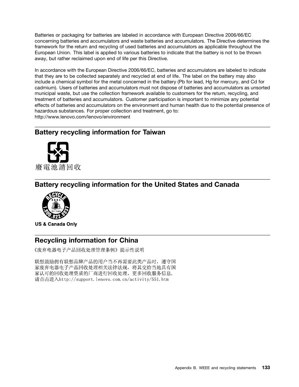 Battery recycling information for taiwan, Recycling information for china | Lenovo ThinkPad Edge E145 User Manual | Page 149 / 158